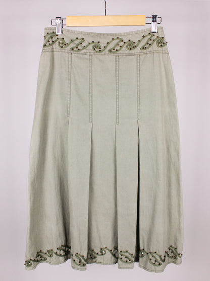 Gonna vintage in cotone con ricami e perline verde salvia – Y2K