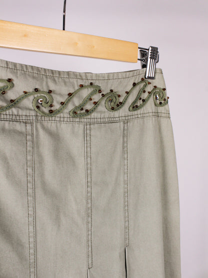 Gonna vintage in cotone con ricami e perline verde salvia – Y2K