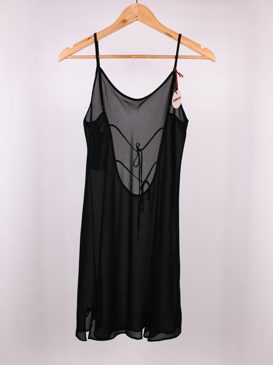 Sottoveste Vintage in Chiffon Nero con Scollo Posteriore e Laccetti