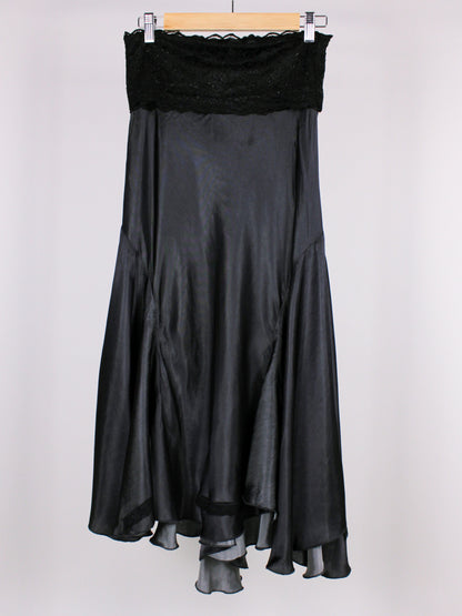Gonna lunga vintage in raso nero con fascia in pizzo - Y2k