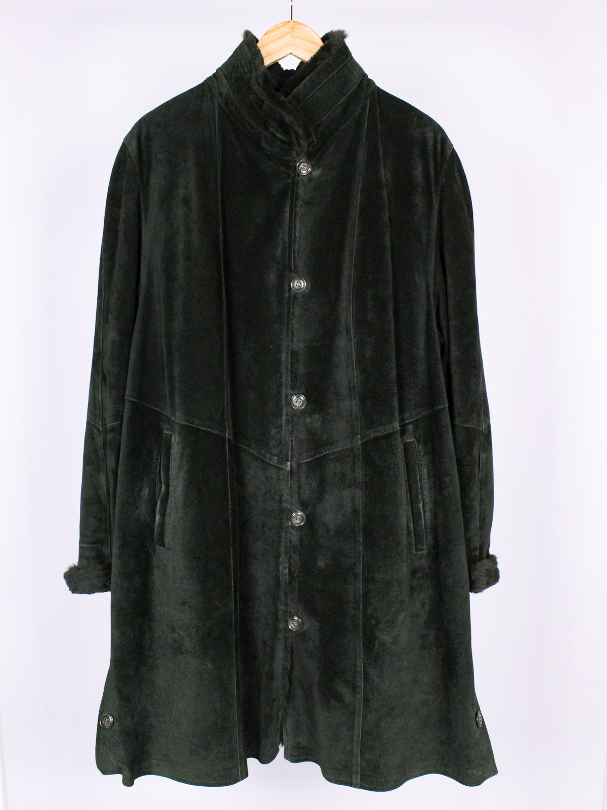 Cappotto Vintage Shearling Verde Scuro in Pelle Scamosciata