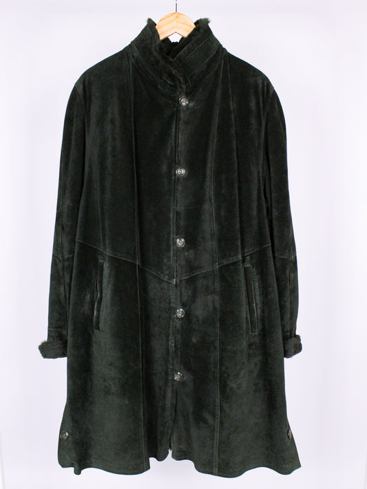 Cappotto Vintage Shearling Verde Scuro in Pelle Scamosciata