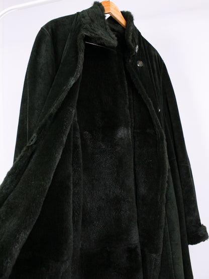 Cappotto Vintage Shearling Verde Scuro in Pelle Scamosciata