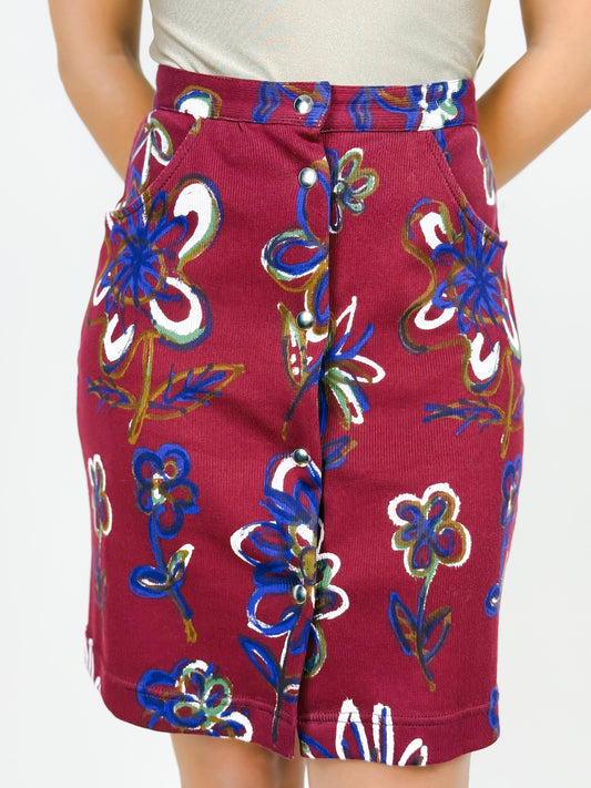 Gonna vintage Romeo Gigli Jeans bordeaux con stampa floreale anni ’90