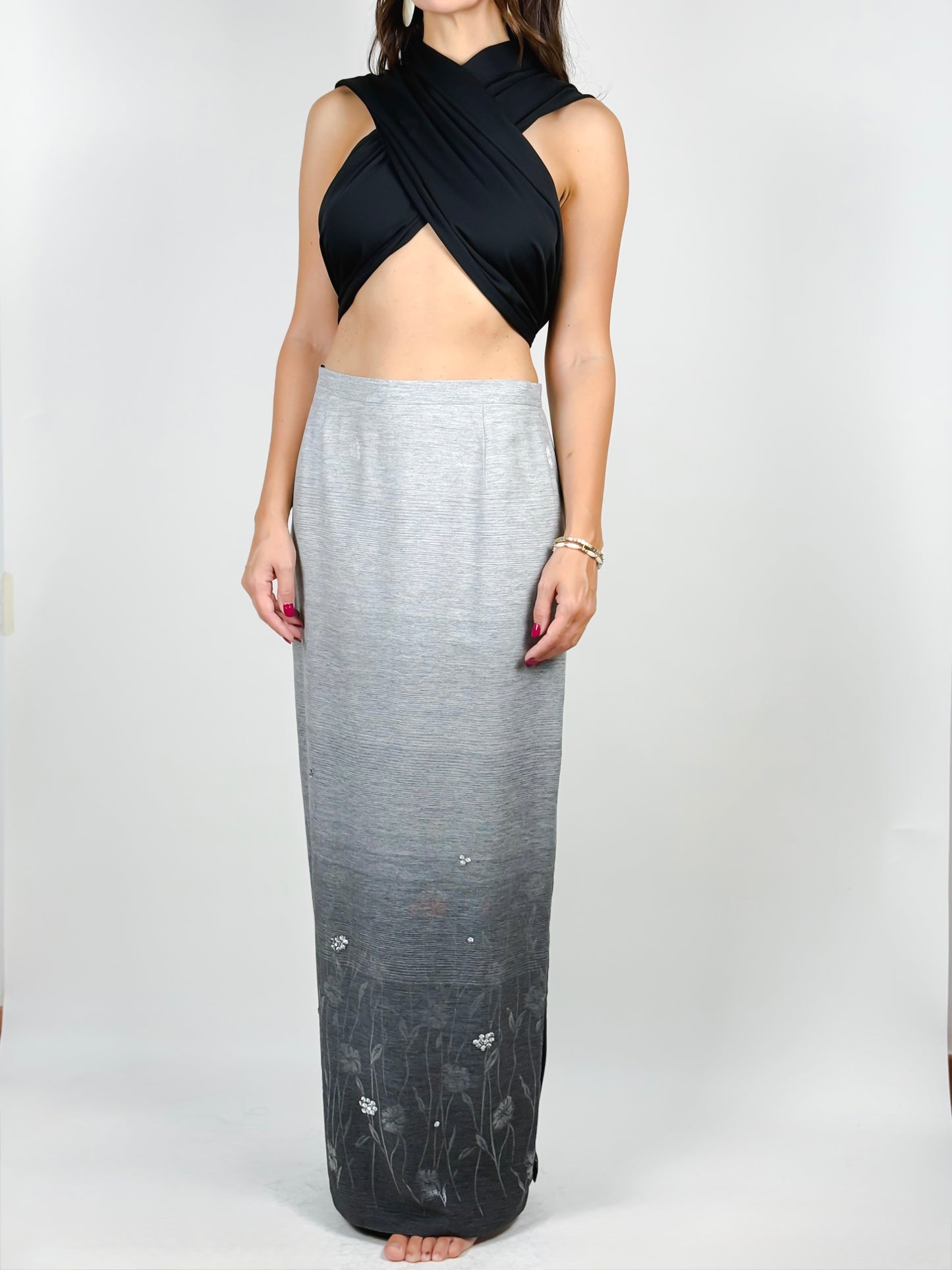 Gonna lunga vintage Tuzzi y2k – grigio sfumato con ricami floreali