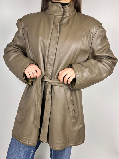 Giacca Vintage Donna Vera Pelle con Cintura Anni '80 Made in Italy