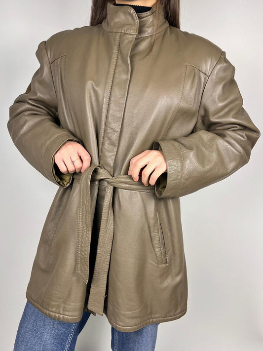 Giacca Vintage Donna Vera Pelle con Cintura Anni '80 Made in Italy