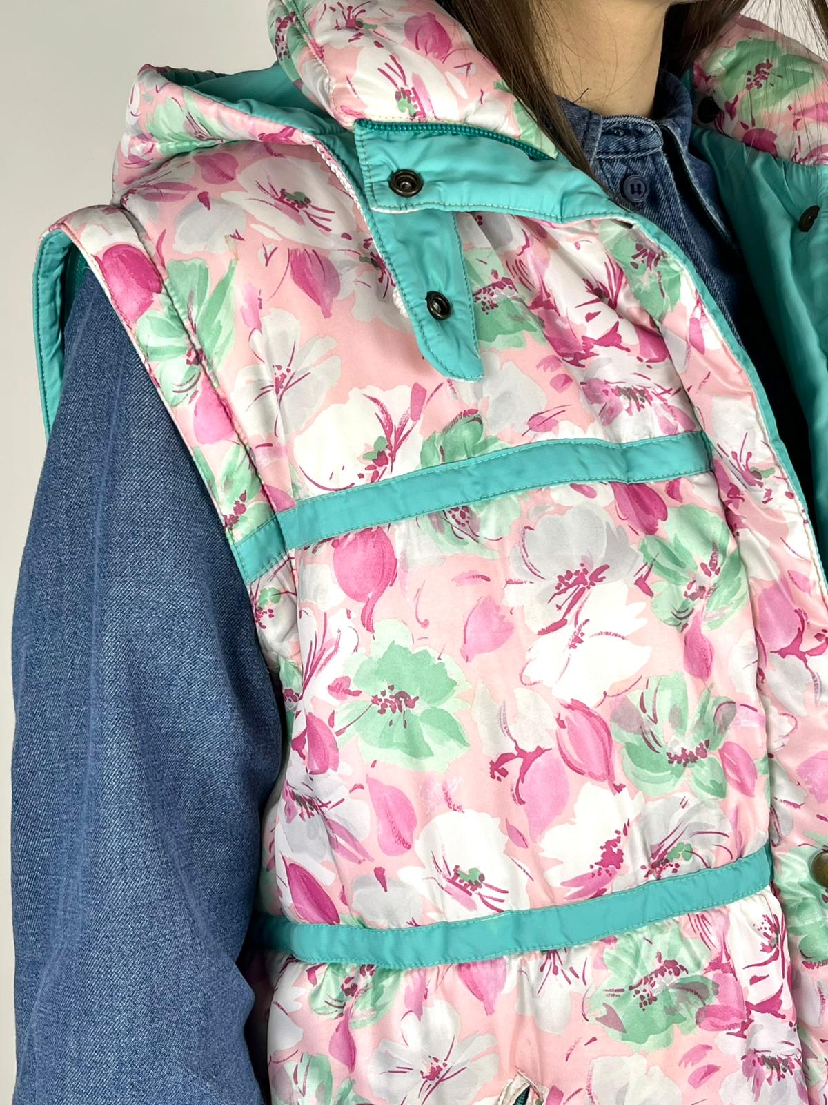 Gilet imbottito vintage floreale con cappuccio – anni ’90
