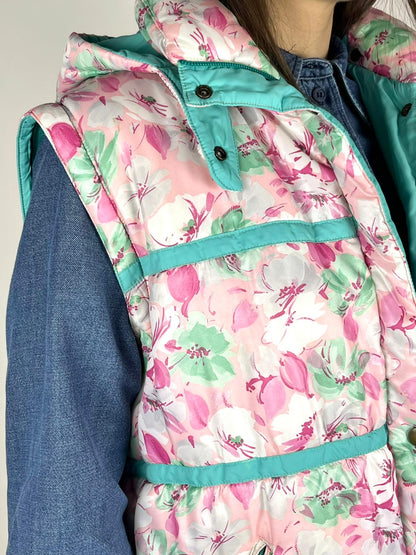 Gilet imbottito vintage floreale con cappuccio – anni ’90