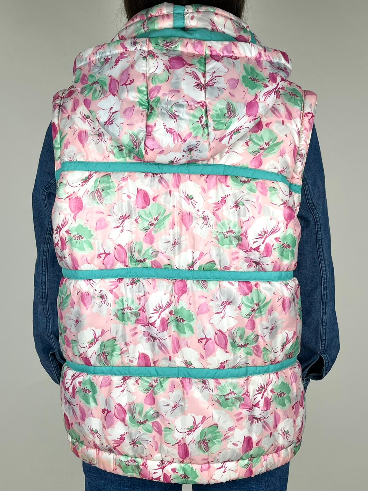 Gilet imbottito vintage floreale con cappuccio – anni ’90