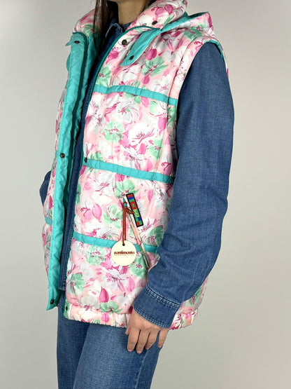 Gilet imbottito vintage floreale con cappuccio – anni ’90