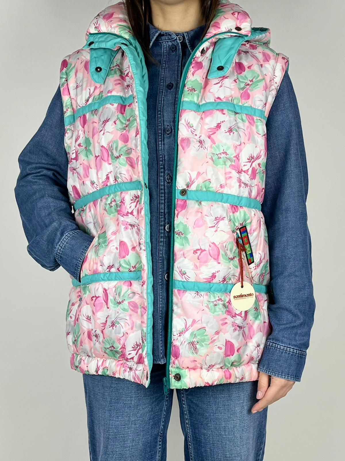 Gilet imbottito vintage floreale con cappuccio – anni ’90