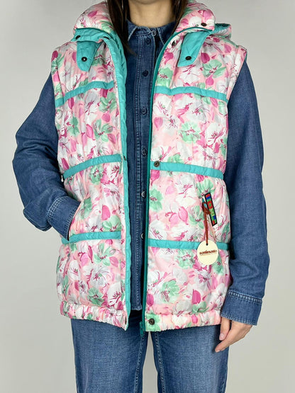 Gilet imbottito vintage floreale con cappuccio – anni ’90