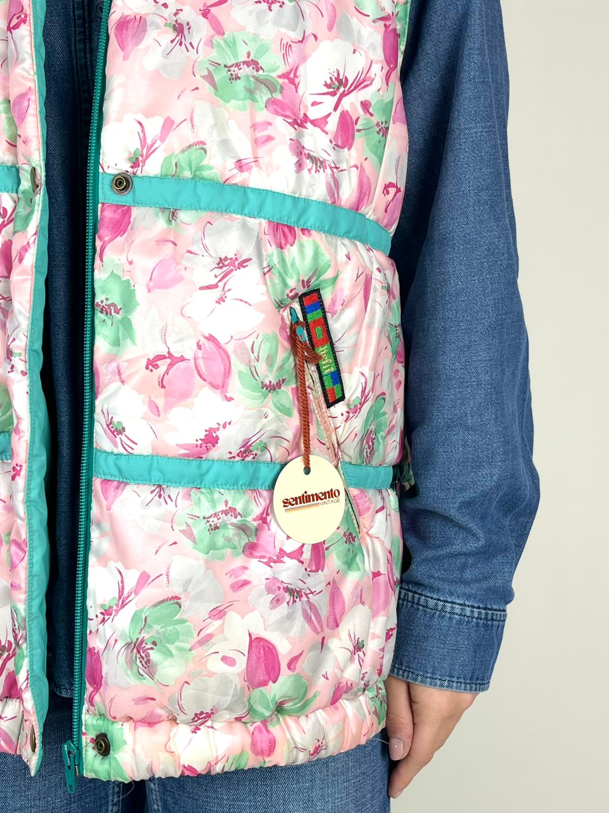Gilet imbottito vintage floreale con cappuccio – anni ’90