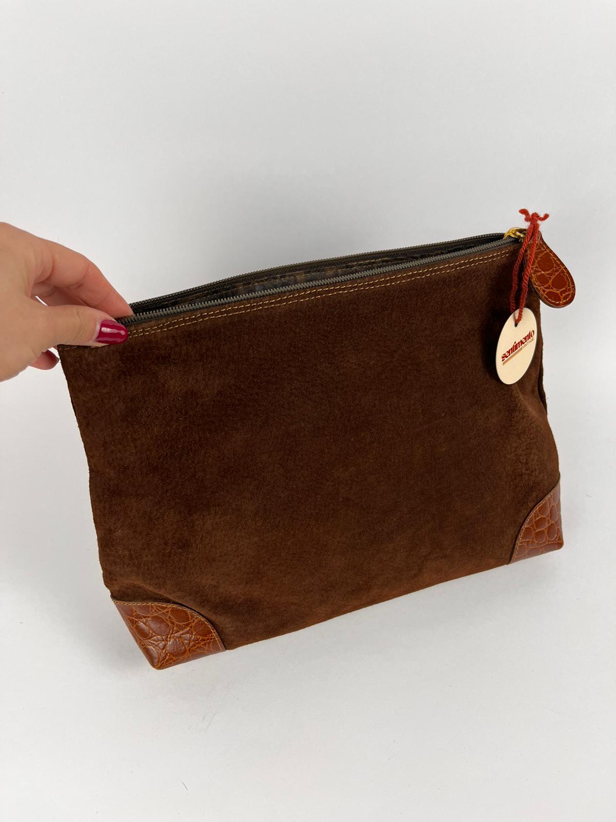Pochette Vintage Vera Pelle Camoscio Marrone - Anni '70 Made in Italy