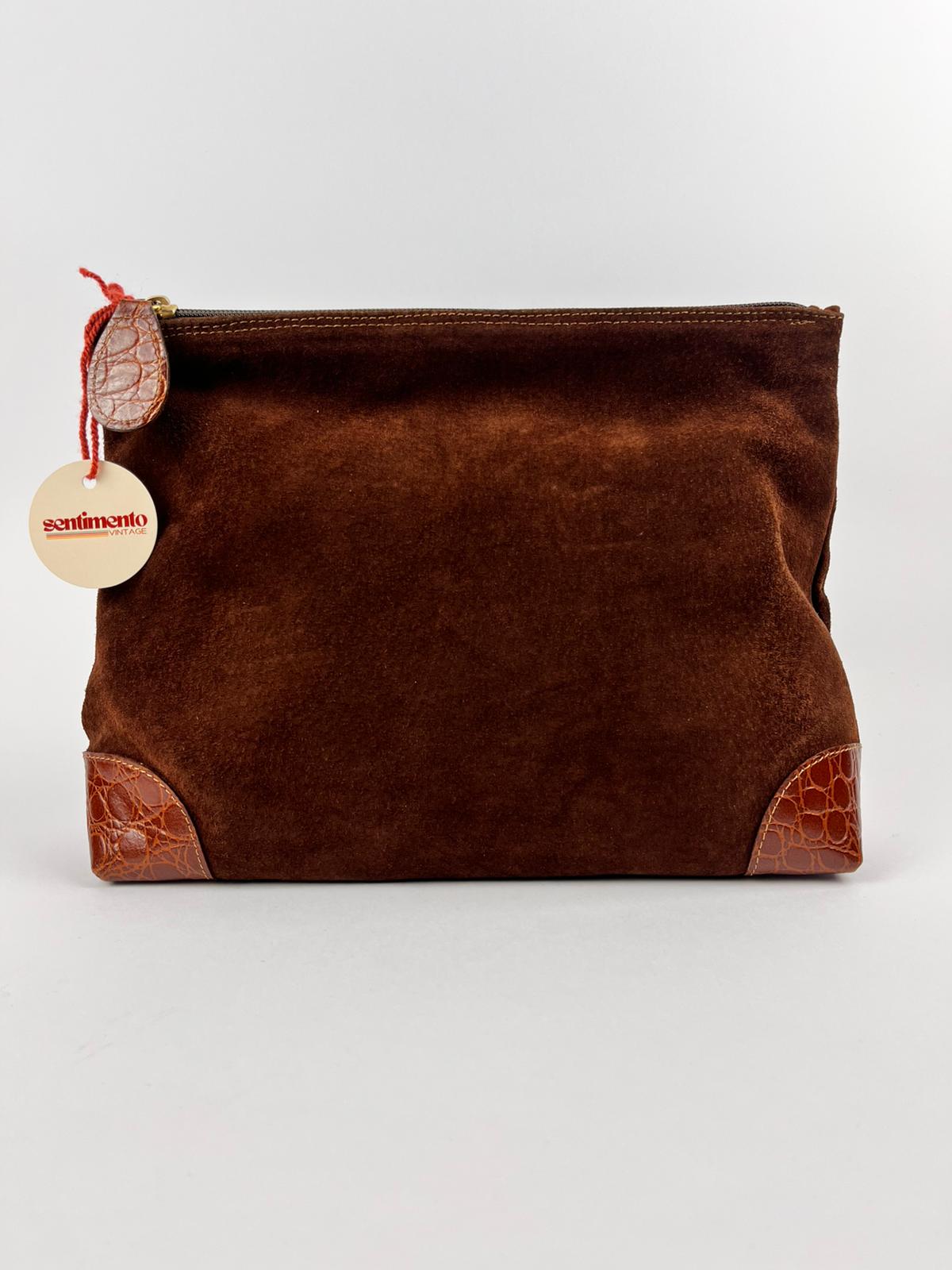 Pochette Vintage Vera Pelle Camoscio Marrone - Anni '70 Made in Italy