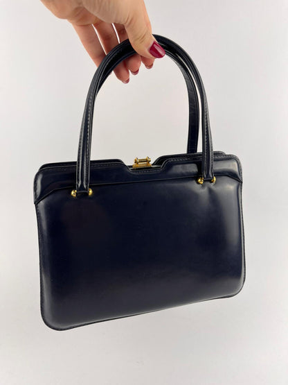Borsa a mano Vintage Blu Scuro con Manici Rigidi - anni '60