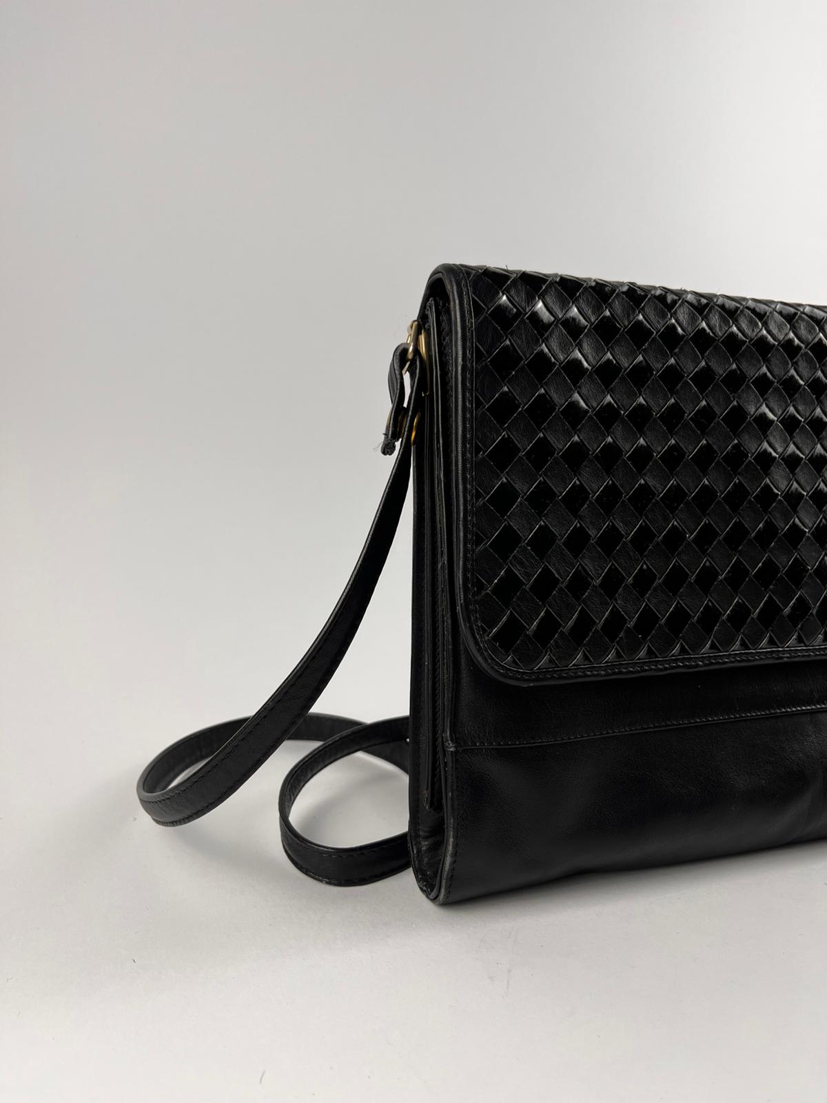 Borsa Vintage Nera a Tracolla Intrecciata Vera Pelle Anni '80