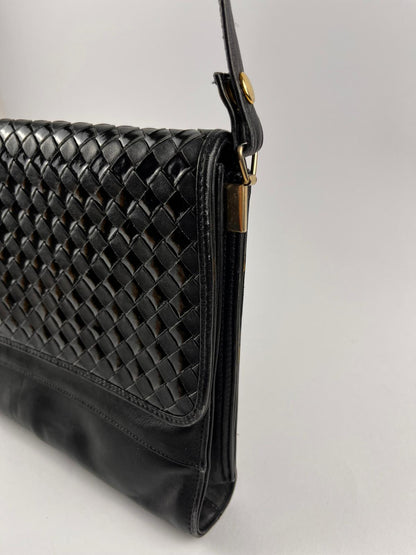 Borsa Vintage Nera a Tracolla Intrecciata Vera Pelle Anni '80