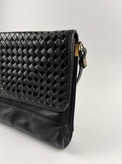 Borsa Vintage Nera a Tracolla Intrecciata Vera Pelle Anni '80