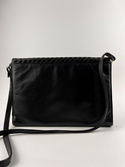 Borsa Vintage Nera a Tracolla Intrecciata Vera Pelle Anni '80