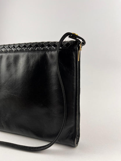 Borsa Vintage Nera a Tracolla Intrecciata Vera Pelle Anni '80