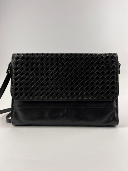 Borsa Vintage Nera a Tracolla Intrecciata Vera Pelle Anni '80