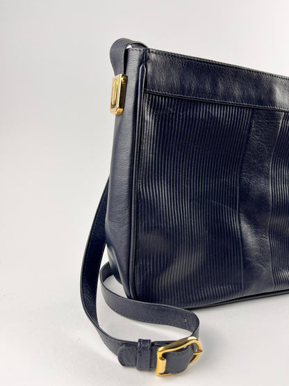 Borsa a Tracolla Vintage in Vera Pelle Blu Notte con Texture Rigata - Anni '90