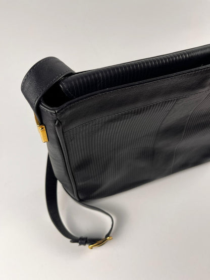 Borsa a Tracolla Vintage in Vera Pelle Blu Notte con Texture Rigata - Anni '90