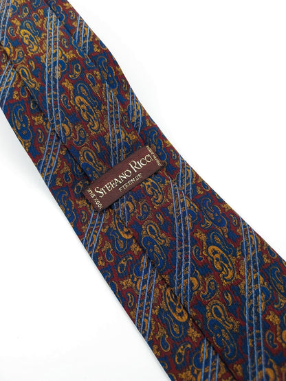 Cravatta Vintage in Pura Seta - Fantasia Paisley Blu e Bourdeux