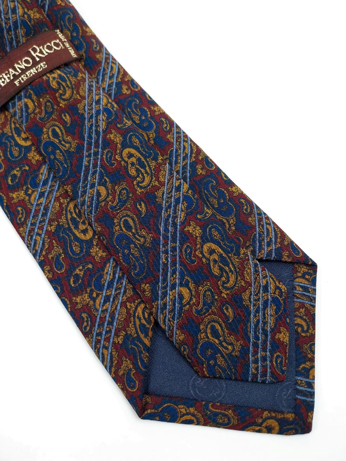 Cravatta Vintage in Pura Seta - Fantasia Paisley Blu e Bourdeux