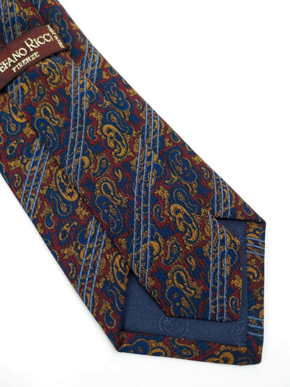 Cravatta Vintage in Pura Seta - Fantasia Paisley Blu e Bourdeux