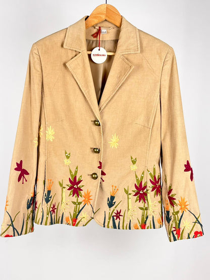 Giacca Vintage Anni 2000 in Velluto a Costine Beige con Ricami Floreali