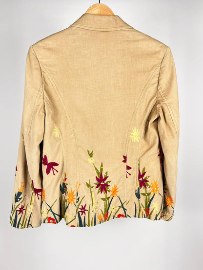 Giacca Vintage Anni 2000 in Velluto a Costine Beige con Ricami Floreali