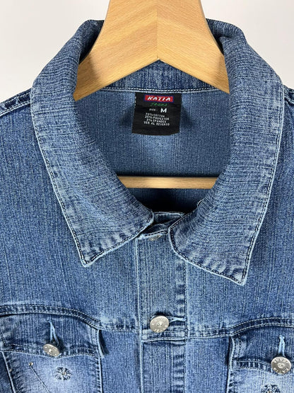 Giacca denim chiaro vintage con ricami e brillantini anni 2000