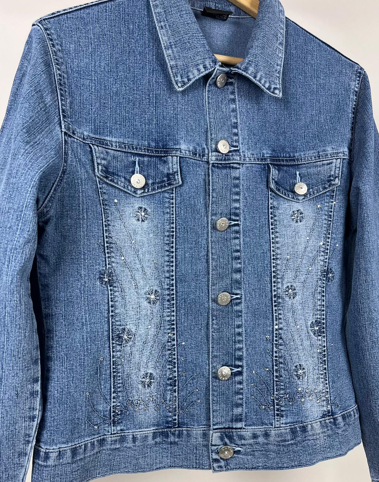 Giacca denim chiaro vintage con ricami e brillantini anni 2000