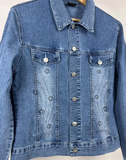 Giacca denim chiaro vintage con ricami e brillantini anni 2000