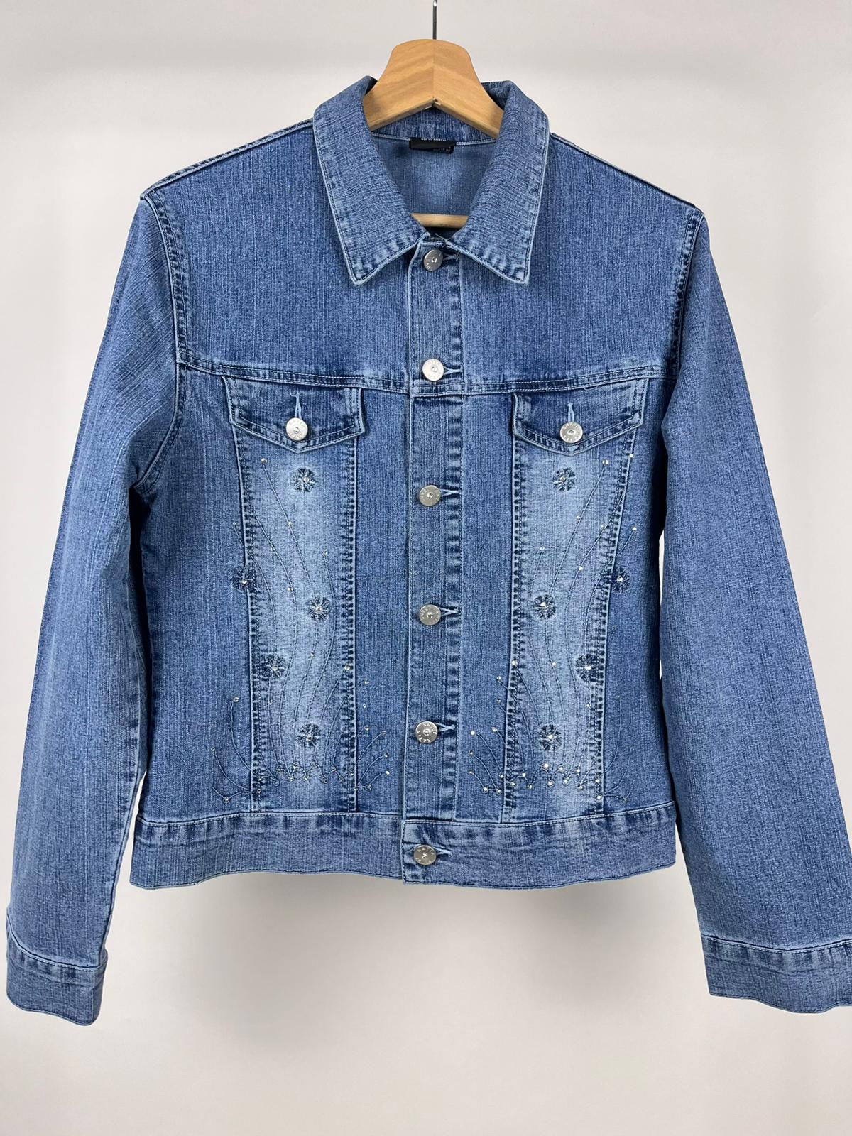 Giacca denim chiaro vintage con ricami e brillantini anni 2000