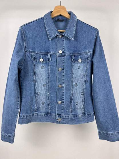 Giacca denim chiaro vintage con ricami e brillantini anni 2000