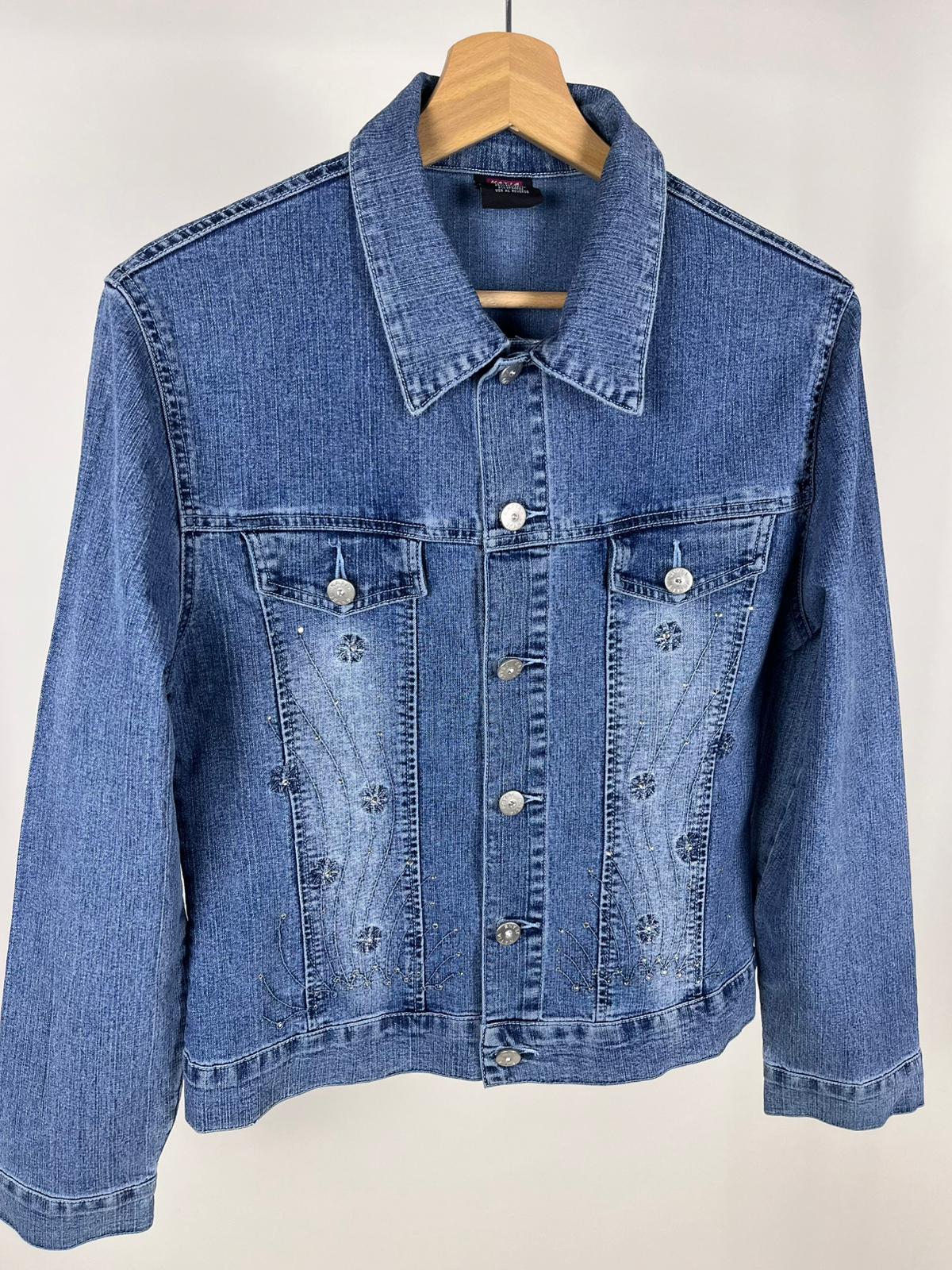 Giacca denim chiaro vintage con ricami e brillantini anni 2000