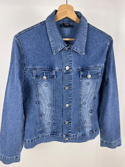 Giacca denim chiaro vintage con ricami e brillantini anni 2000