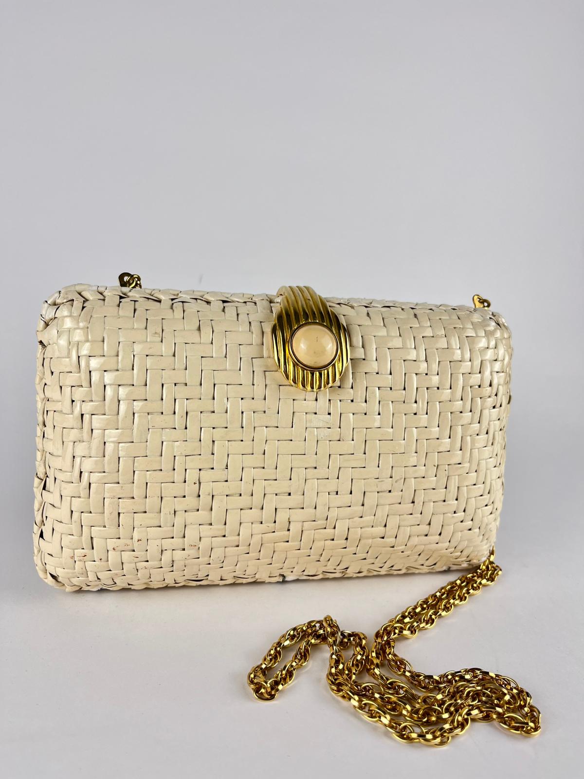 Borsa Rodo vintage in midollino intrecciato panna con catena dorata