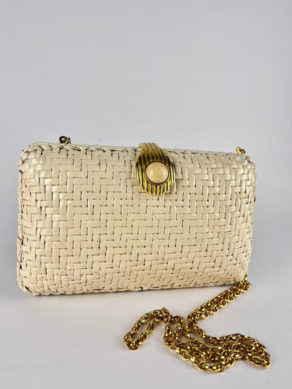 Borsa Rodo vintage in midollino intrecciato panna con catena dorata