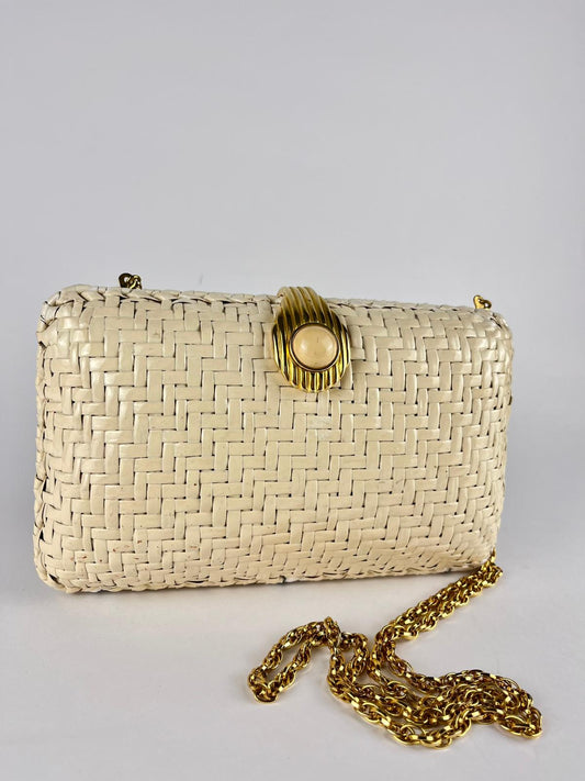 Borsa Rodo vintage in midollino intrecciato panna con catena dorata