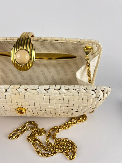 Borsa Rodo vintage in midollino intrecciato panna con catena dorata
