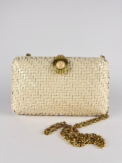 Borsa Rodo vintage in midollino intrecciato panna con catena dorata