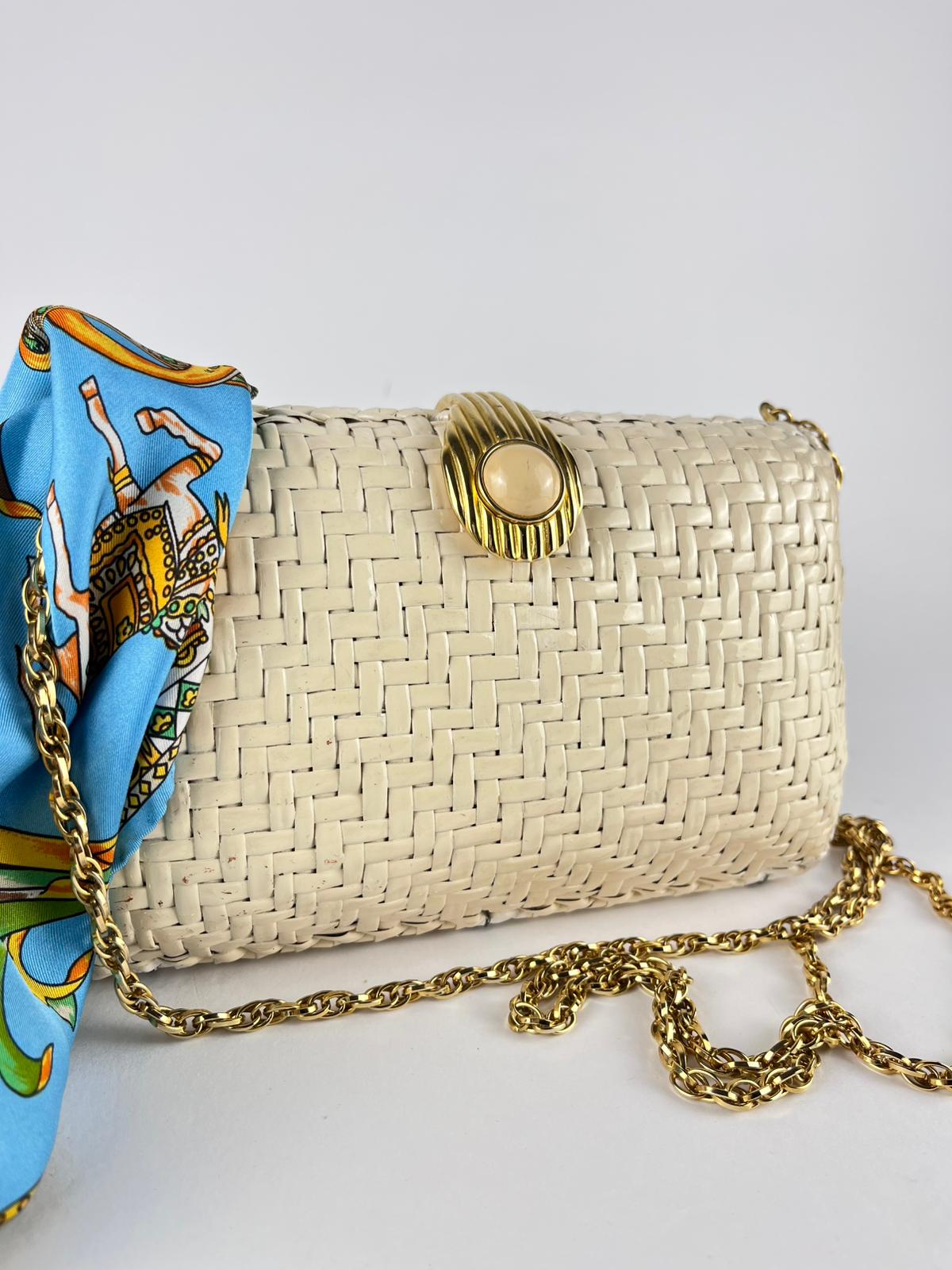 Borsa Rodo vintage in midollino intrecciato panna con catena dorata