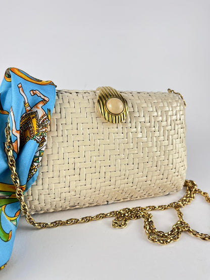 Borsa Rodo vintage in midollino intrecciato panna con catena dorata
