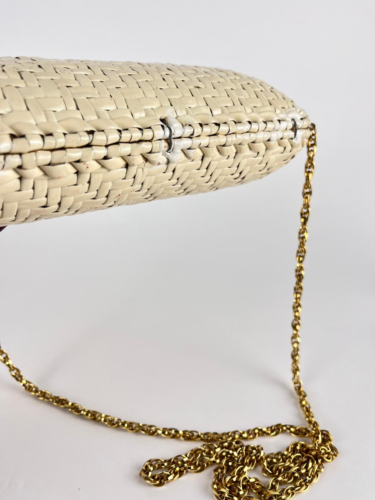 Borsa Rodo vintage in midollino intrecciato panna con catena dorata