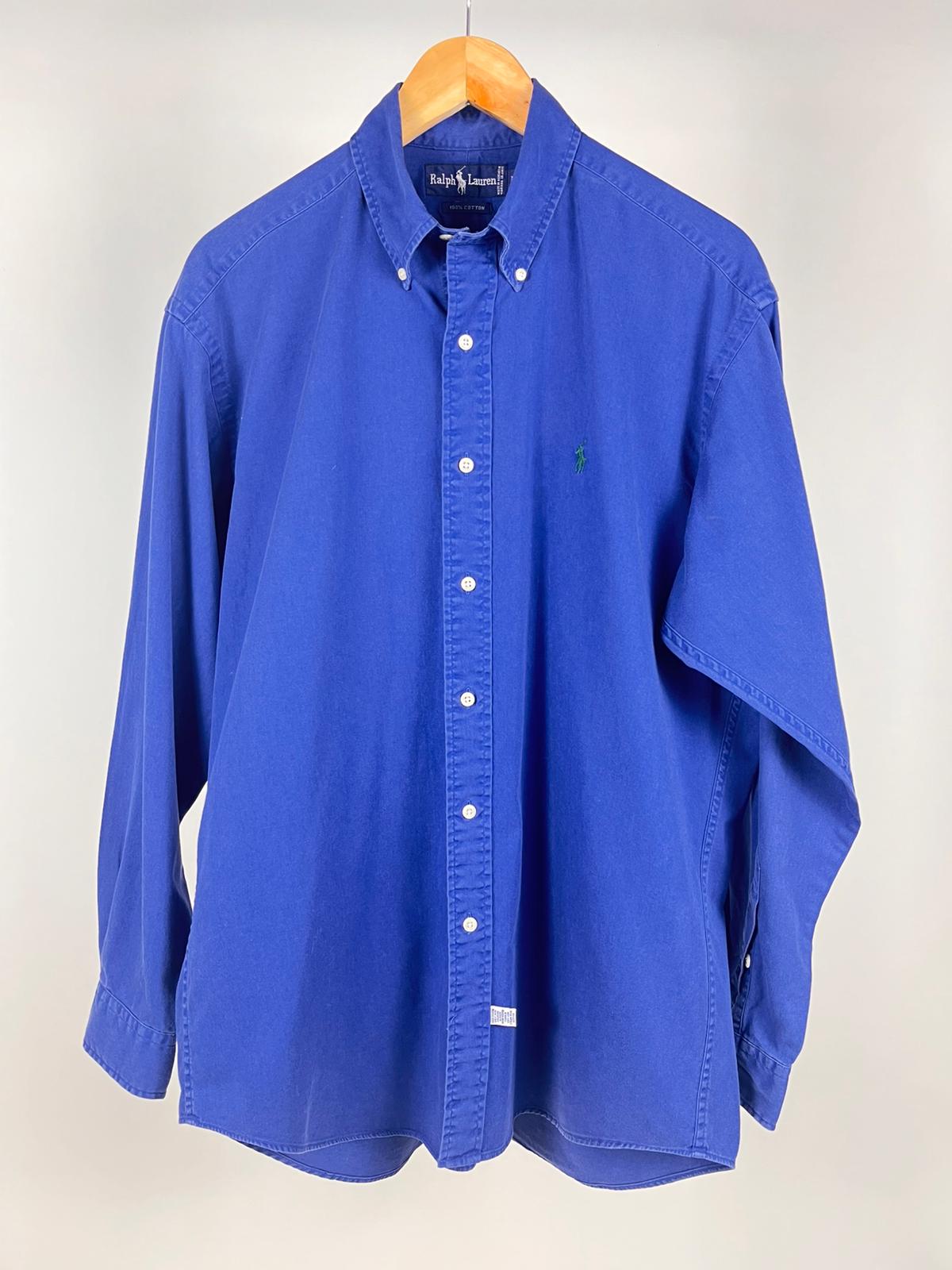 Camicia Vintage Uomo Ralph Lauren Blu Logo Verde in 100% Cotone